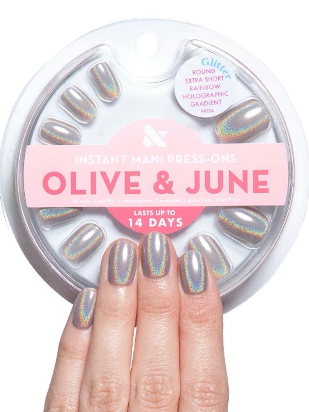 Olive & June Extra Short, Round, Rainbow Holographic Glue on Press-On Nails